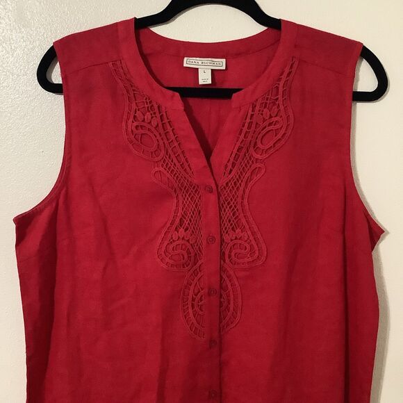 Dana Buchman Red Western Linen Blend Cowboy Prairie Sleeveless Button Up Shirt L - Picture 2 of 8